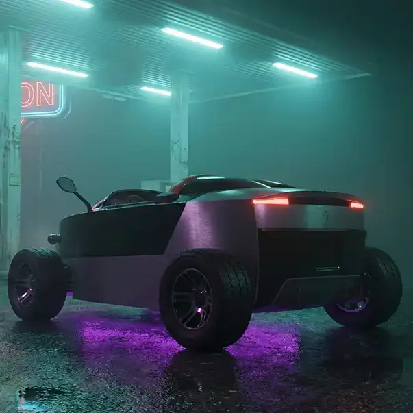 ZBROD rear three-quarter, underglow active at gas station