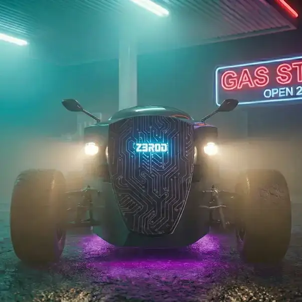 ZBROD parked at a rural roadside gas station at night
