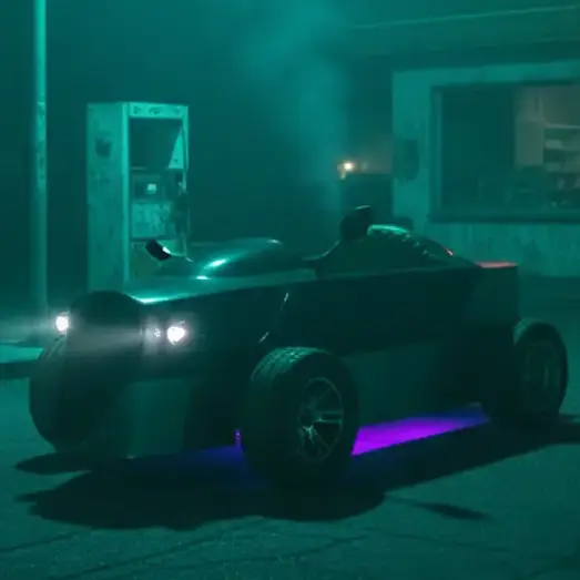 ZBROD rear three-quarter, underglow active at gas station