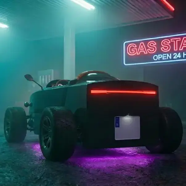 ZBROD parked at a rural roadside gas station at night