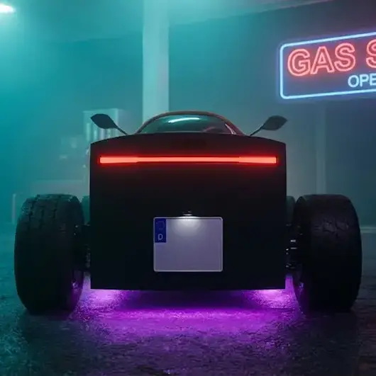 ZBROD rear three-quarter on wet asphalt with neon reflections